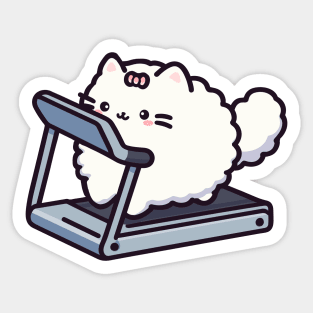 Cute Kawaii Fluffy White Cat on a Treadmill Fitness Kitten Sticker